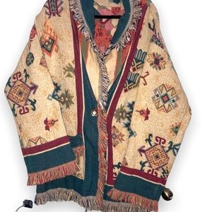Vintage Heavy Cotton Chunky Tapestry Fringe Cardigan Boho Oversized Sweater L